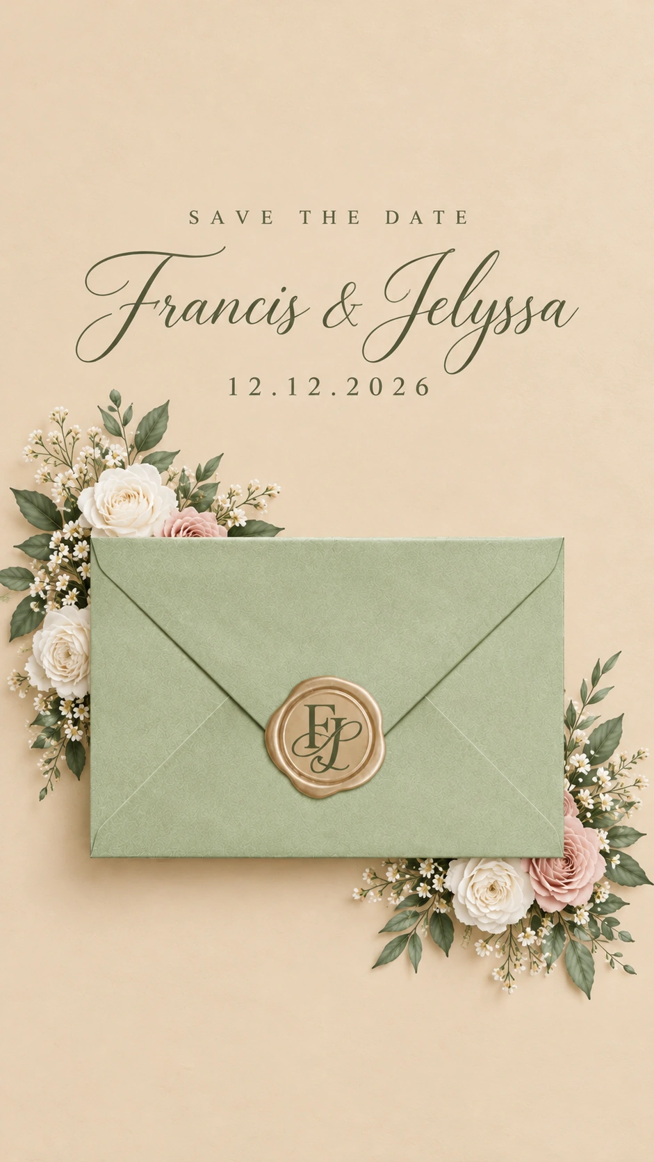 Save the Date, Francis and Jelyssa, December 12, 2026. Sage green envelope with gold FJ wax-seal monogram surrounded by watercolor flowers.